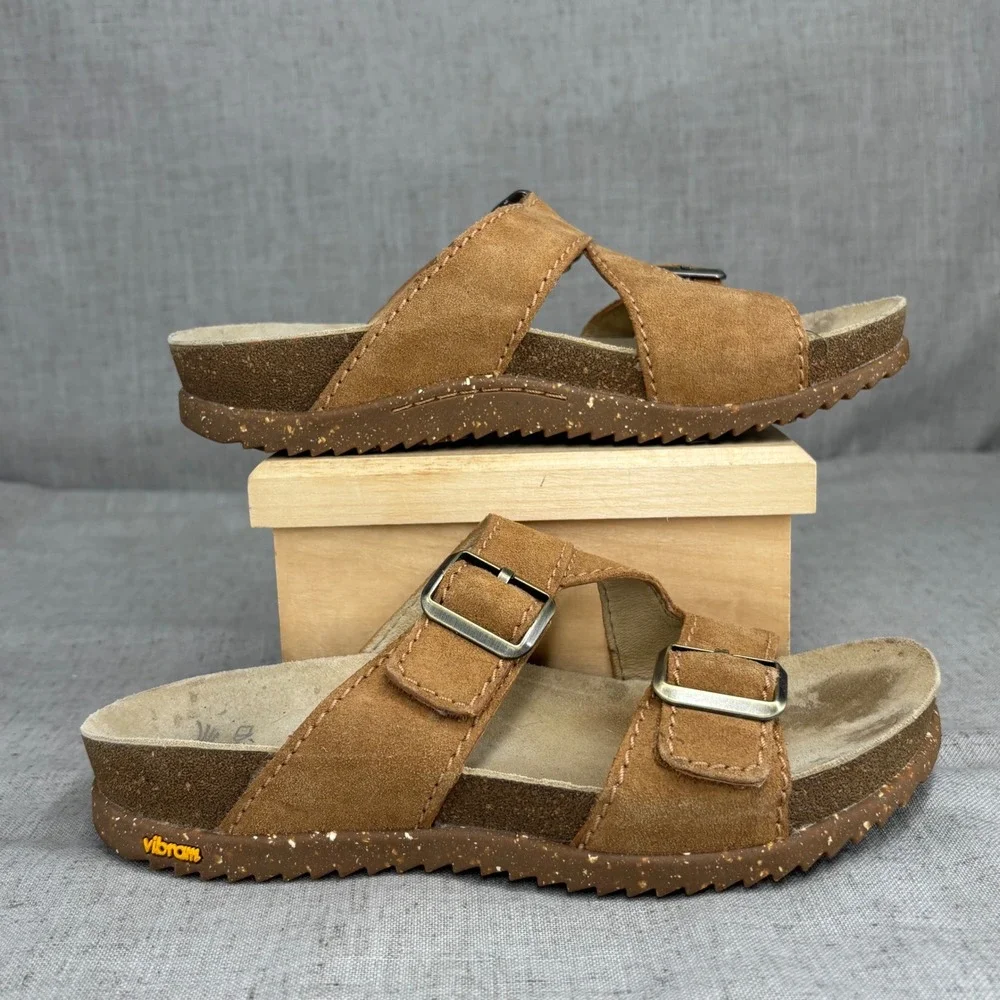 Dansko Dayna Tan Brown‎ Suede Leather Slip On Buckle Sandals Slides Womens EU 37